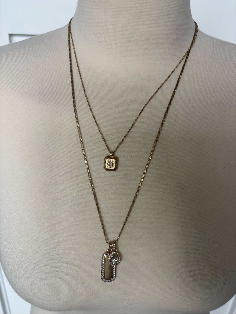 CAbi, Gold Tone Layered Pendant Necklace with Crystal Accents, NWT